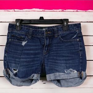 Aeropostale Blue Jean Cutoff Shorts Holey Ripped Distressed Denim Sz 7/8 Cuffed